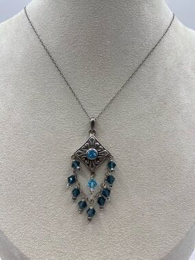 Vintage Sterling Silver Artisan Swarovski Blue Crystal Chandelier Necklace 18”L